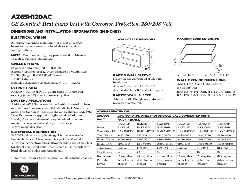 Page 1 de la notice Fiche technique GE AZ65H12DAC