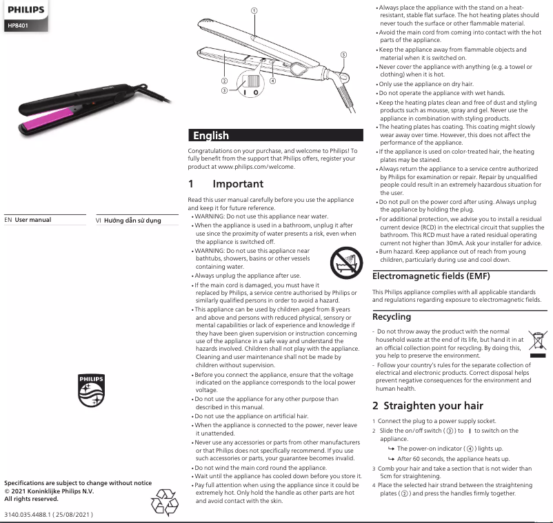 Page 1 de la notice Manuel utilisateur Philips StraightCare Essential HP8401