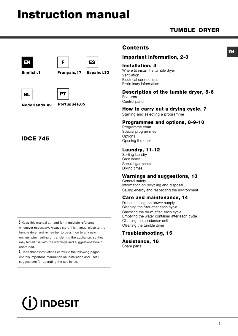 Página 1 del manual Manual de usuario Indesit IDCE 745 (EU)