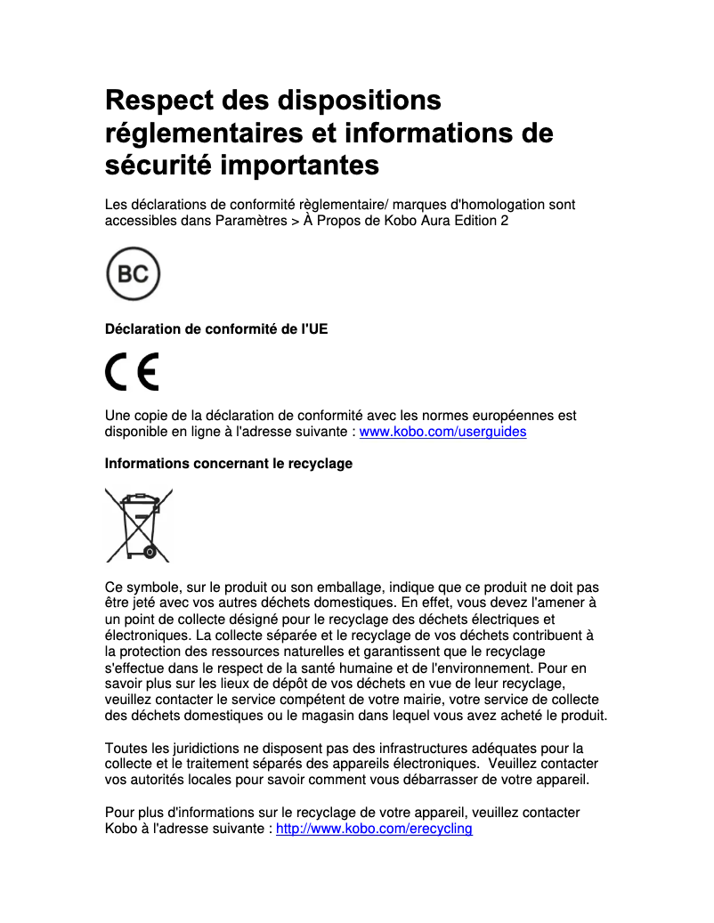 Page 1 de la notice Instructions de sécurité Kobo Aura (edition 2)