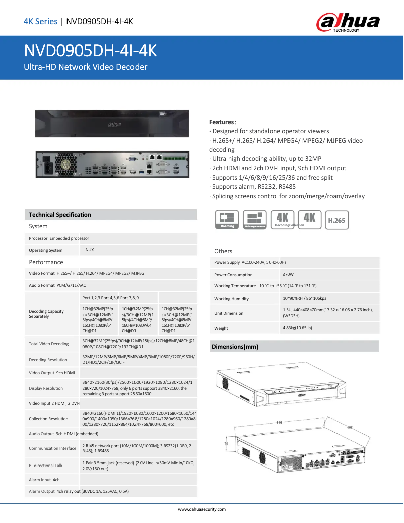 Page n°1 - Fiche technique Dahua Technology NVD0905DH-4I-4K