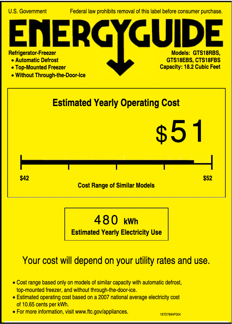 Page 1 de la notice Label énergétique GE GTS18EBSCC