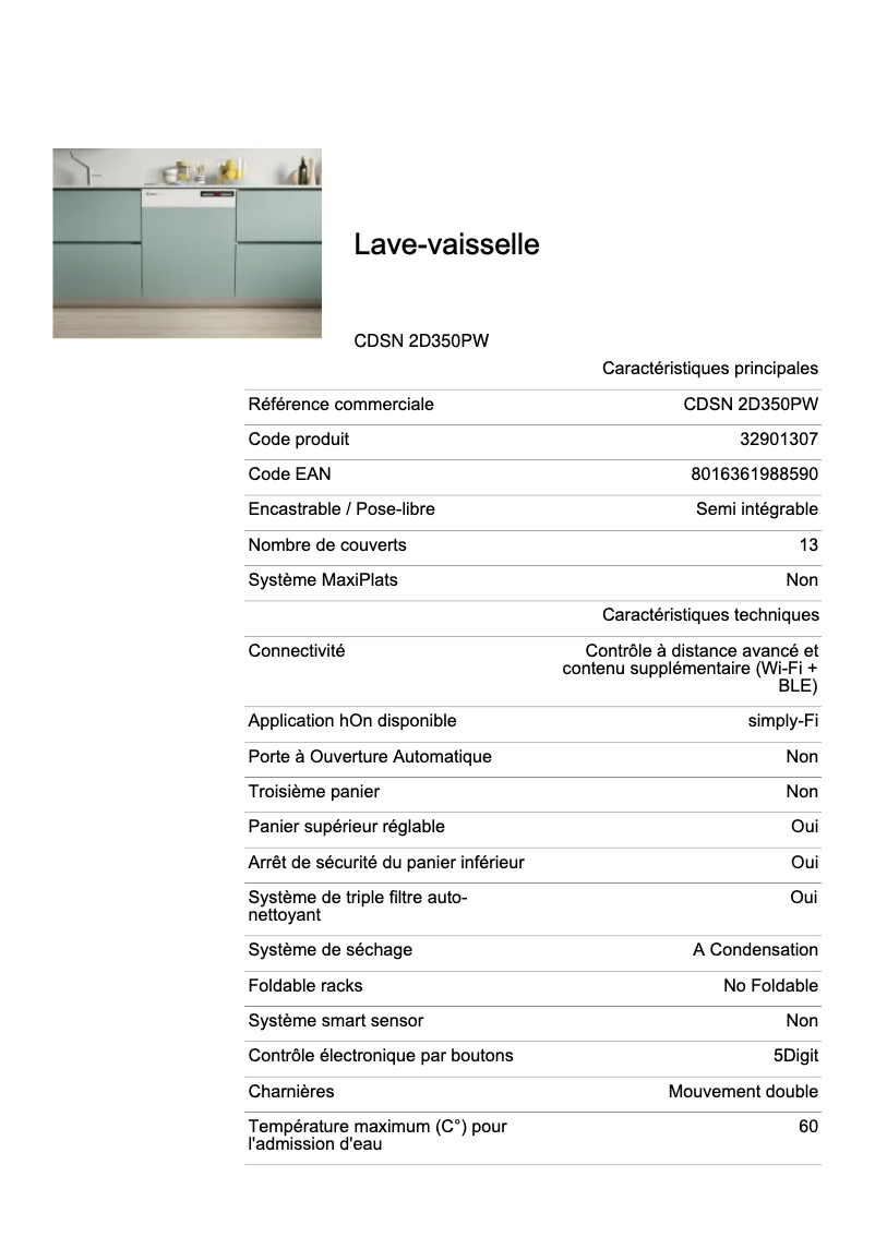 Page n°1 - Fiche technique Candy CDSN 2D350PW