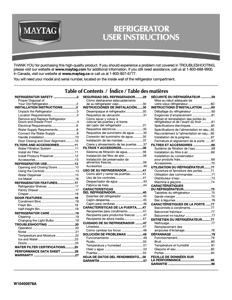 Page 1 de la notice Manuel utilisateur Maytag MFI2570FEZ