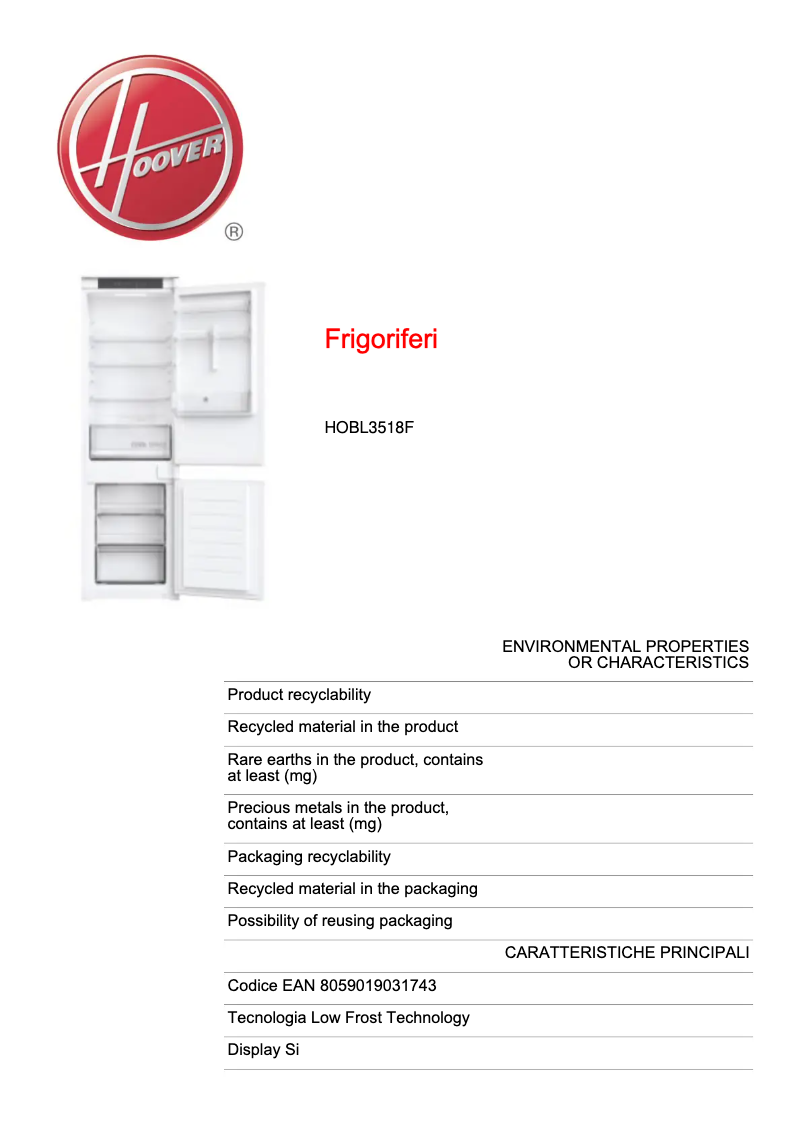 Page n°1 - Fiche technique Hoover HOBL3518F