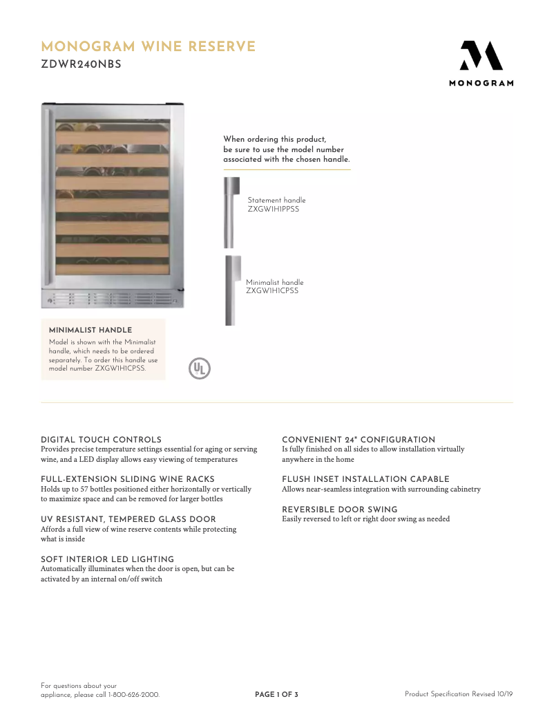 Page 1 de la notice Fiche technique Monogram ZDWR240NBS