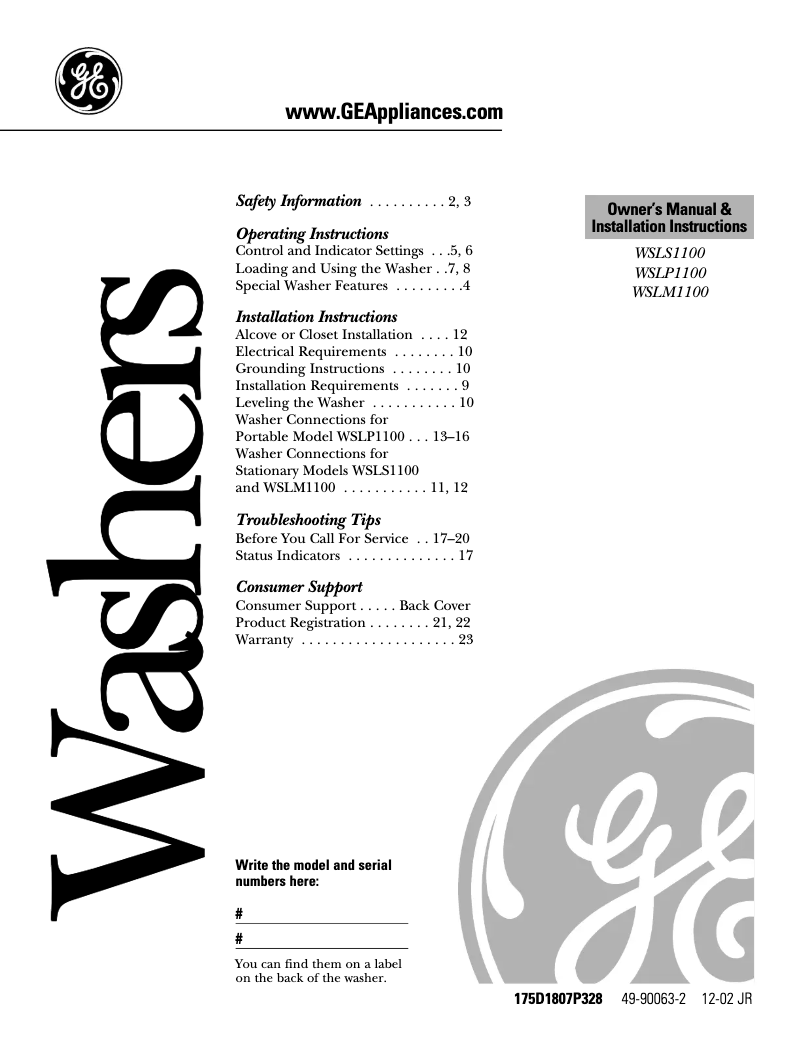 Page n°1 - Manuel d'utilisation et d'entretien GE WSLS1100AAA