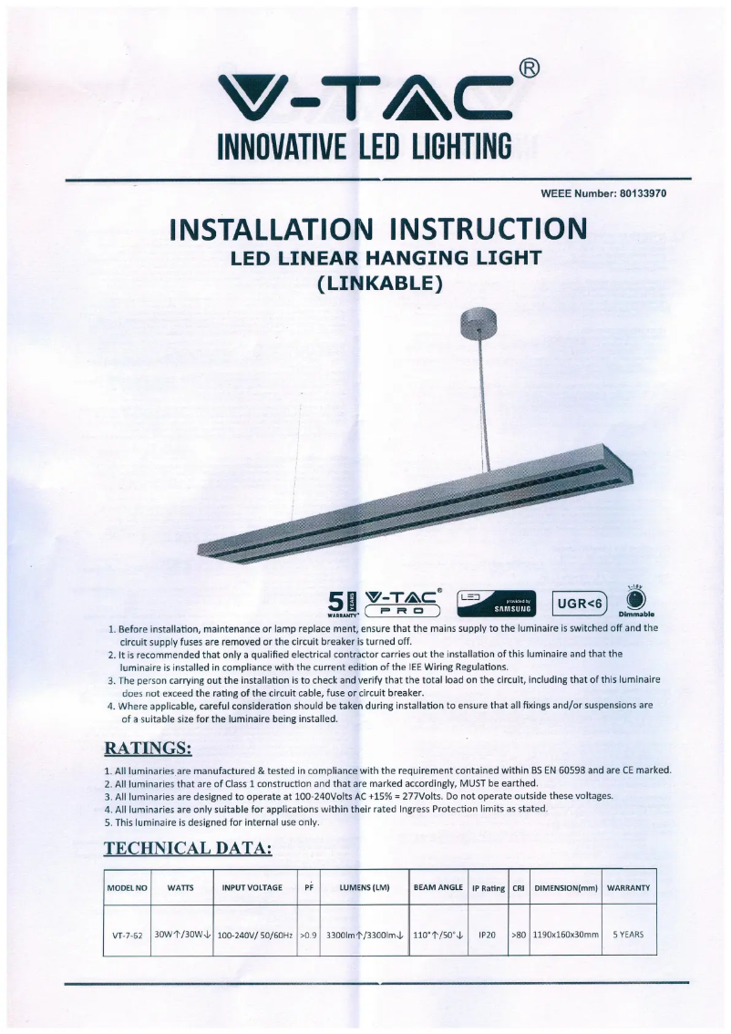 Page n°1 - Manuel utilisateur V-TAC VT-7-62