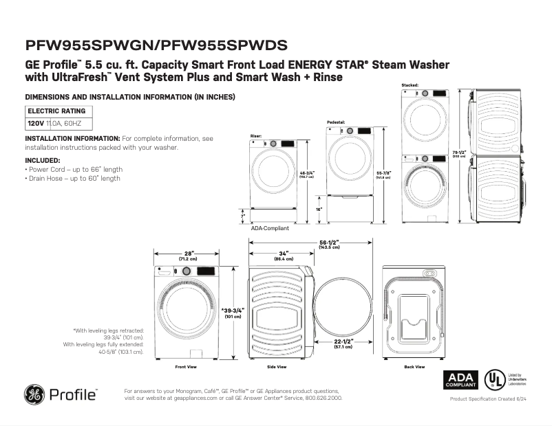 Page 1 de la notice Fiche technique GE PFW955SPWDS