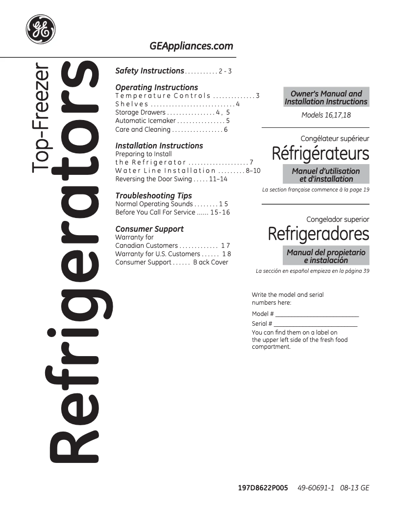 Page 1 de la notice Manuel d'utilisation et d'entretien GE GTH17GBEBB