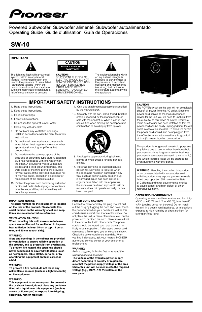 Page n°1 - Manuel utilisateur Pioneer SW-10