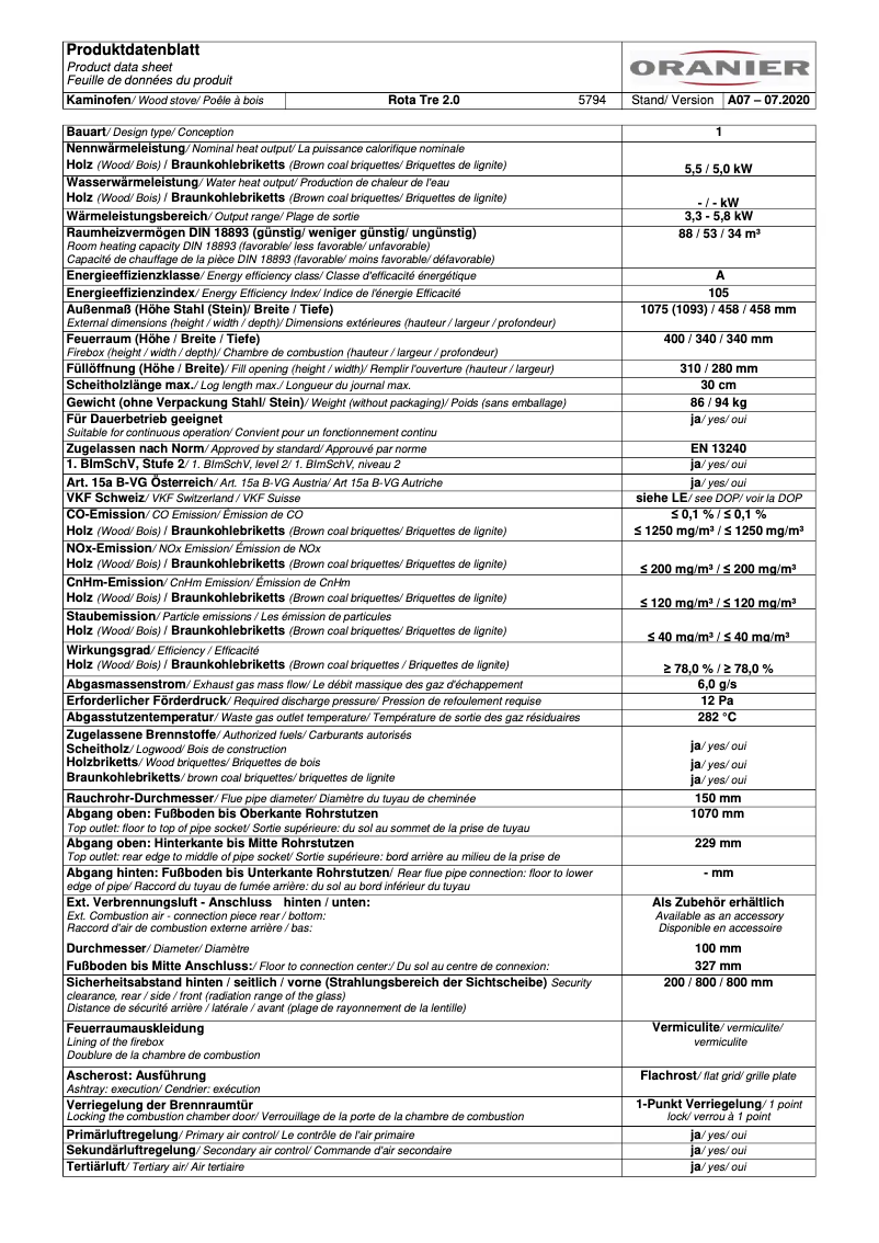 Page 1 de la notice Fiche technique Oranier Rota Tre 2.0