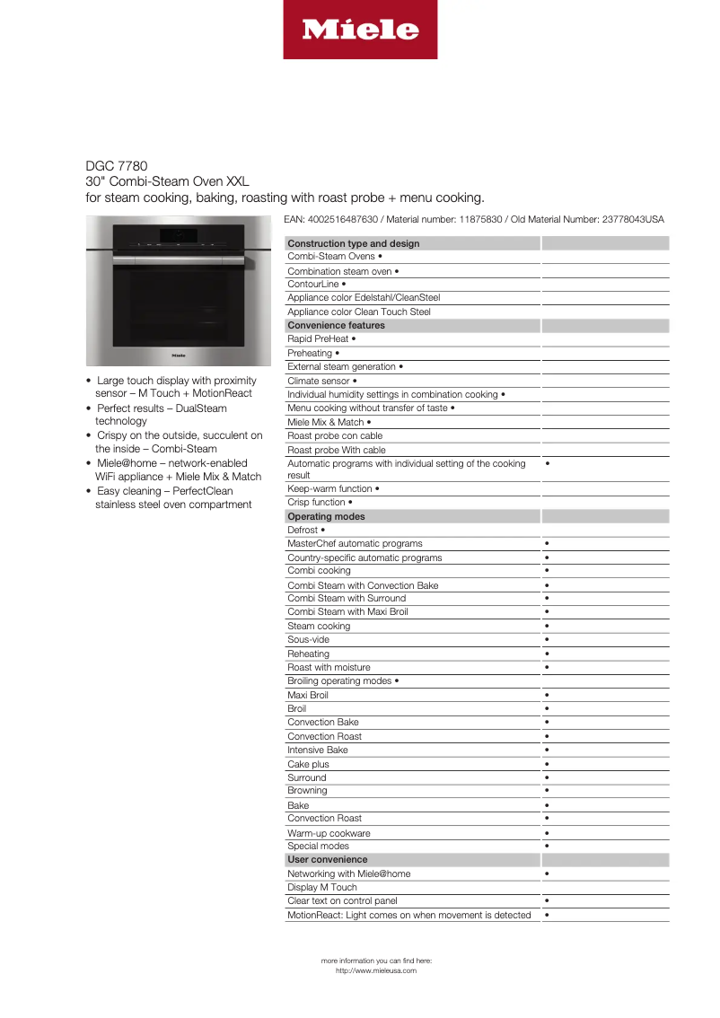 Page n°1 - Fiche technique Miele DGC 7780