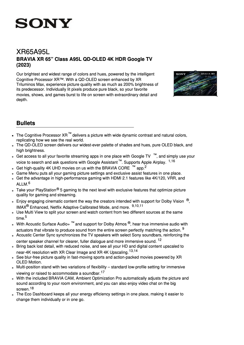 Page 1 de la notice Fiche technique Sony XR-65A95L