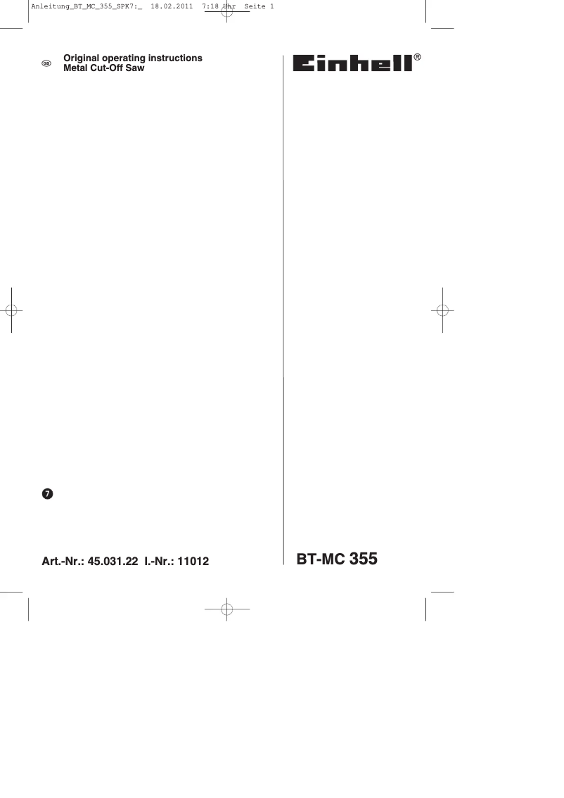 Page 1 de la notice Manuel utilisateur Einhell BT-MC 355