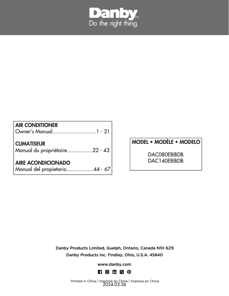 Page 1 de la notice Manuel utilisateur Danby DAC080EBIBDB