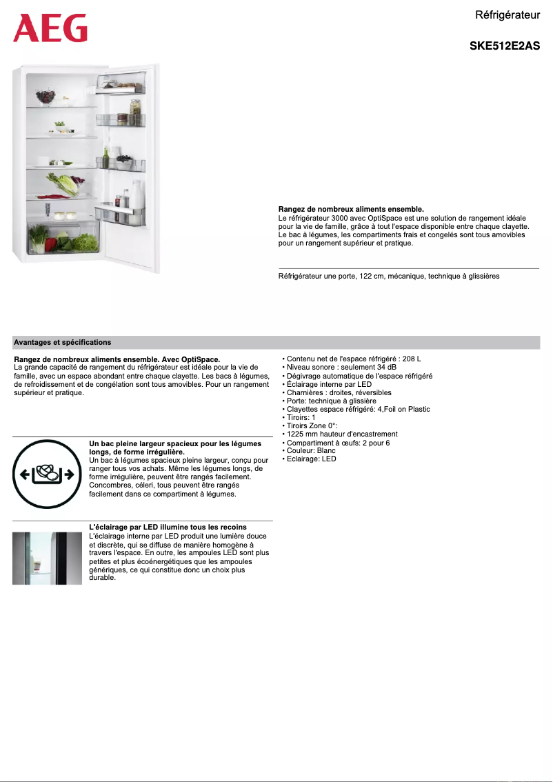Page 1 de la notice Fiche technique AEG SKE512E2AS