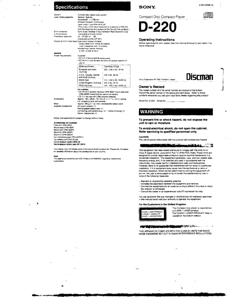 Page 1 de la notice Manuel utilisateur Sony Discman D-220