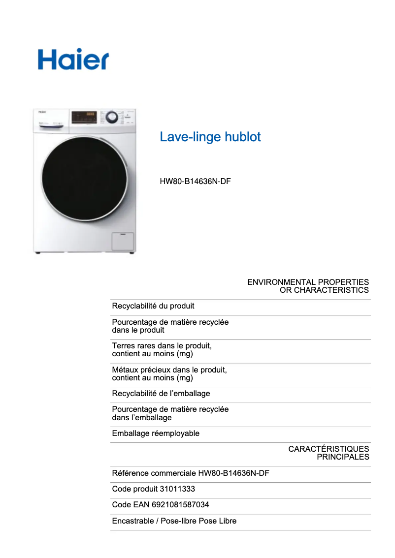 Page 1 de la notice Label énergétique Haier HW80-B14636N