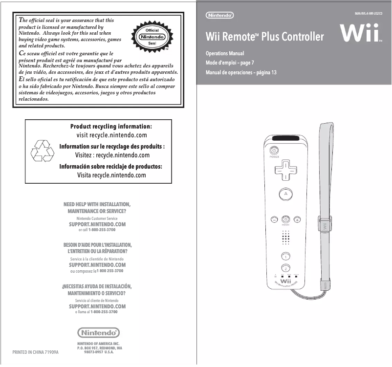 Page 1 de la notice Manuel utilisateur Nintendo Wii Remote Plus Toad