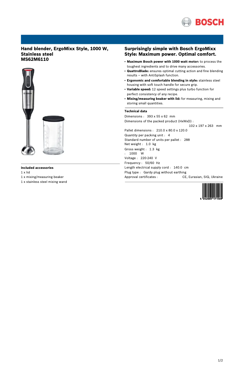 Page 1 de la notice Fiche technique Bosch ErgoMixx MS62M6110