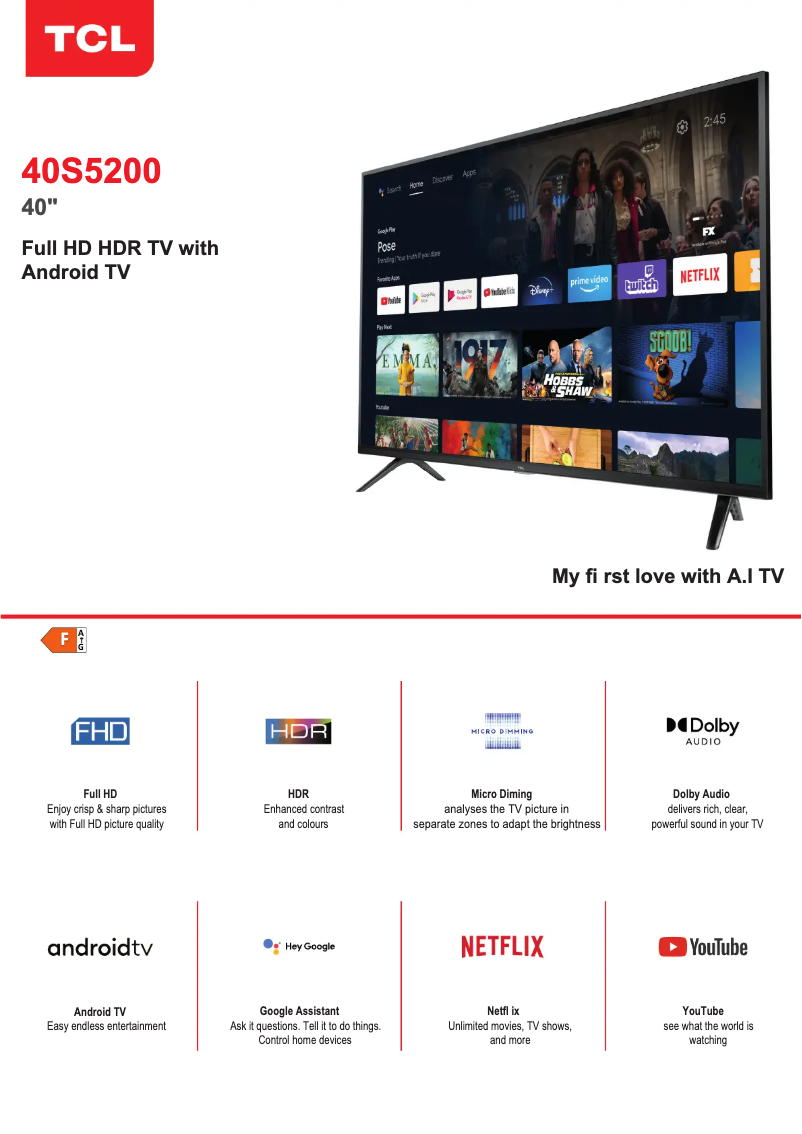 Page 1 de la notice Label énergétique TCL 40S5200
