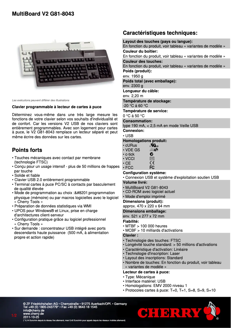 Page 1 de la notice Fiche technique Cherry MultiBoard V2 G81-8043