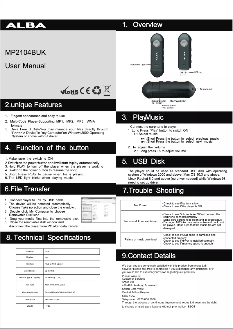 Page 1 de la notice Manuel utilisateur Curtis MP2104BUK