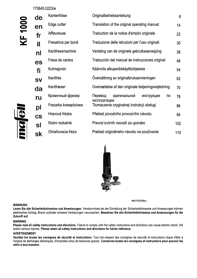 Page 1 de la notice Manuel utilisateur Mafell KF 1000