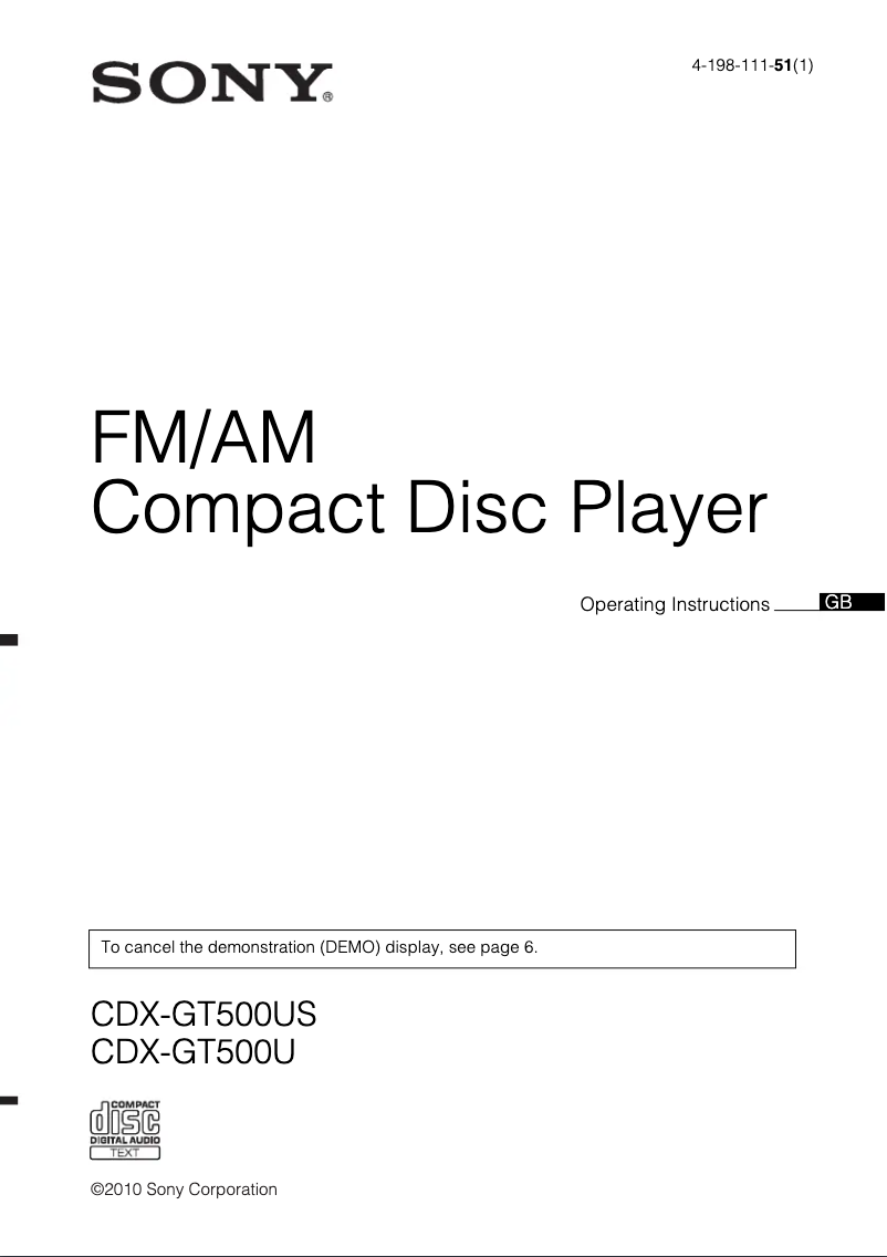 Page 1 de la notice Manuel utilisateur Sony CDX-GT500U