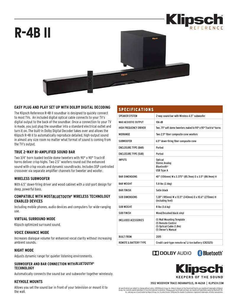 Page 1 de la notice Fiche technique Klipsch R-4B II