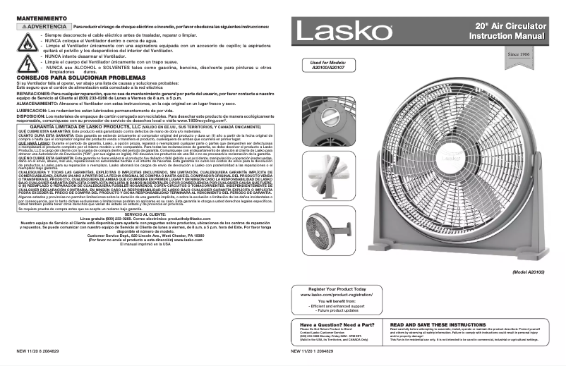 Página 1 del manual Manual de uso y mantenimiento Lasko A20100