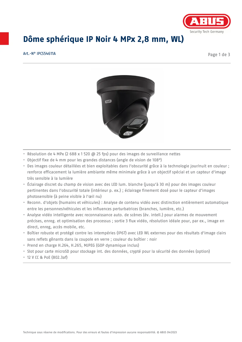 Page n°1 - Fiche technique Abus IPCS54611A