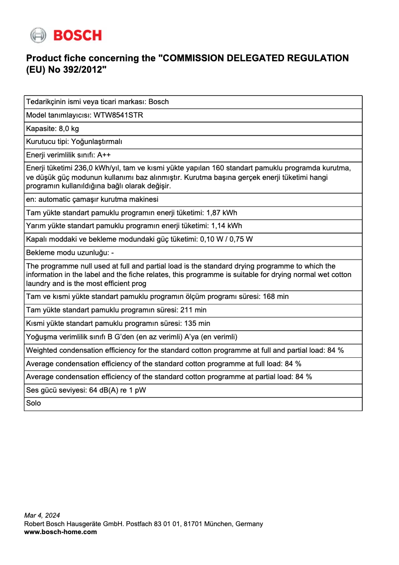 Page 1 de la notice Fiche technique Bosch WTW8541STR