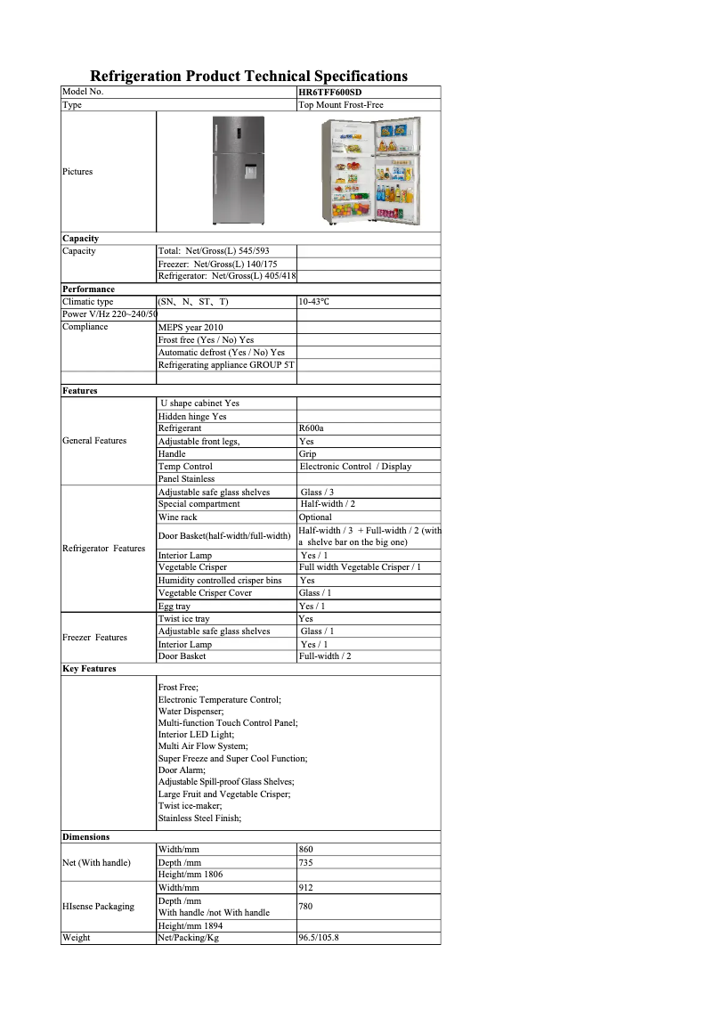 Page n°1 - Fiche technique Hisense HR6TFF600SD