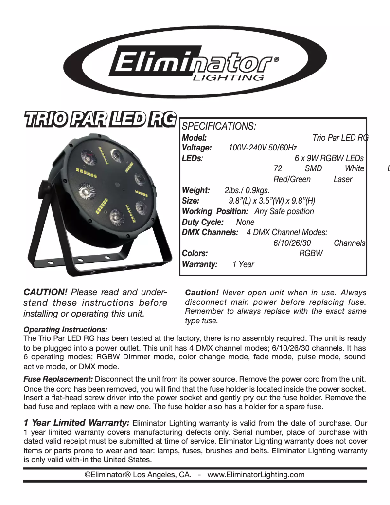 Image de la première page du manuel de l'appareil Trio Par LED RG