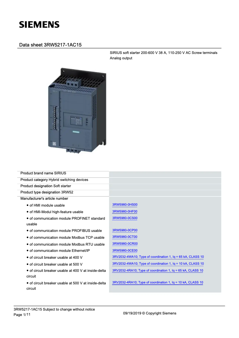Page n°1 - Manuel utilisateur Siemens 3RW5217-1AC15