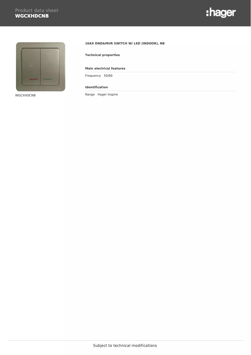 Page 1 de la notice Fiche technique Hager WGCXHDCNB