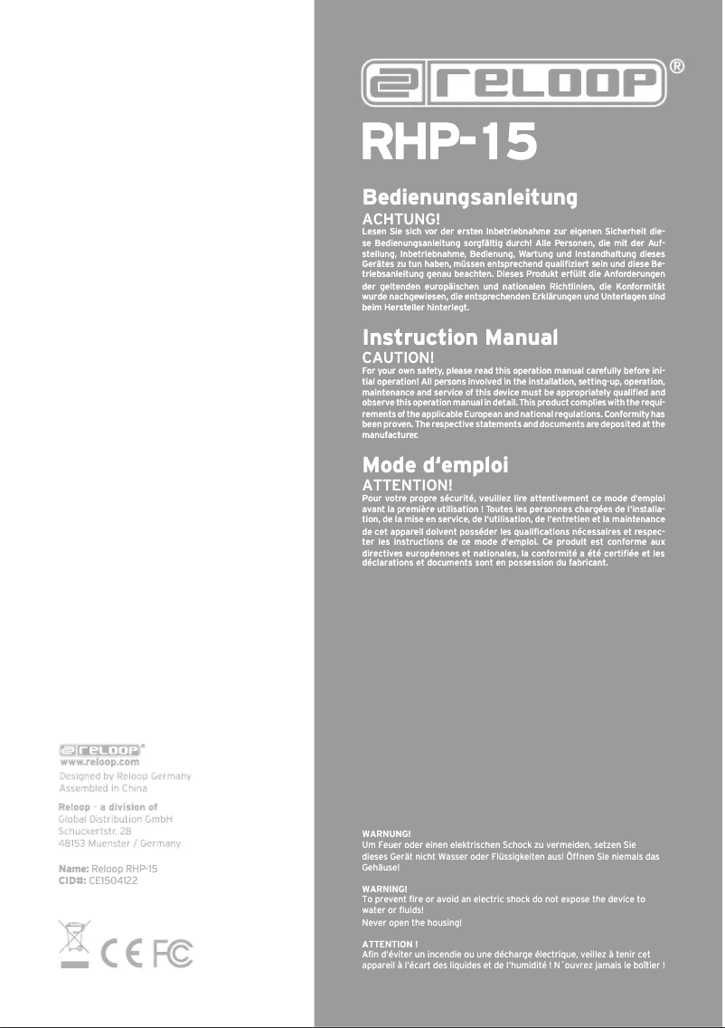 Page n°1 - Manuel utilisateur Reloop RHP-15