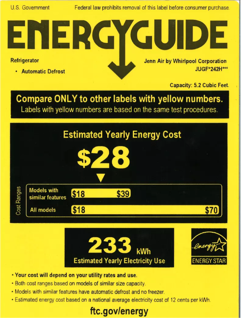 Page n°1 - Label énergétique JennAir JUGFR242HX
