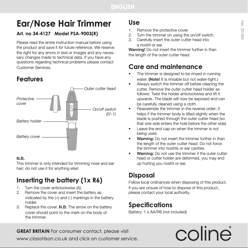 Page 1 de la notice Manuel utilisateur Coline PSA-9003