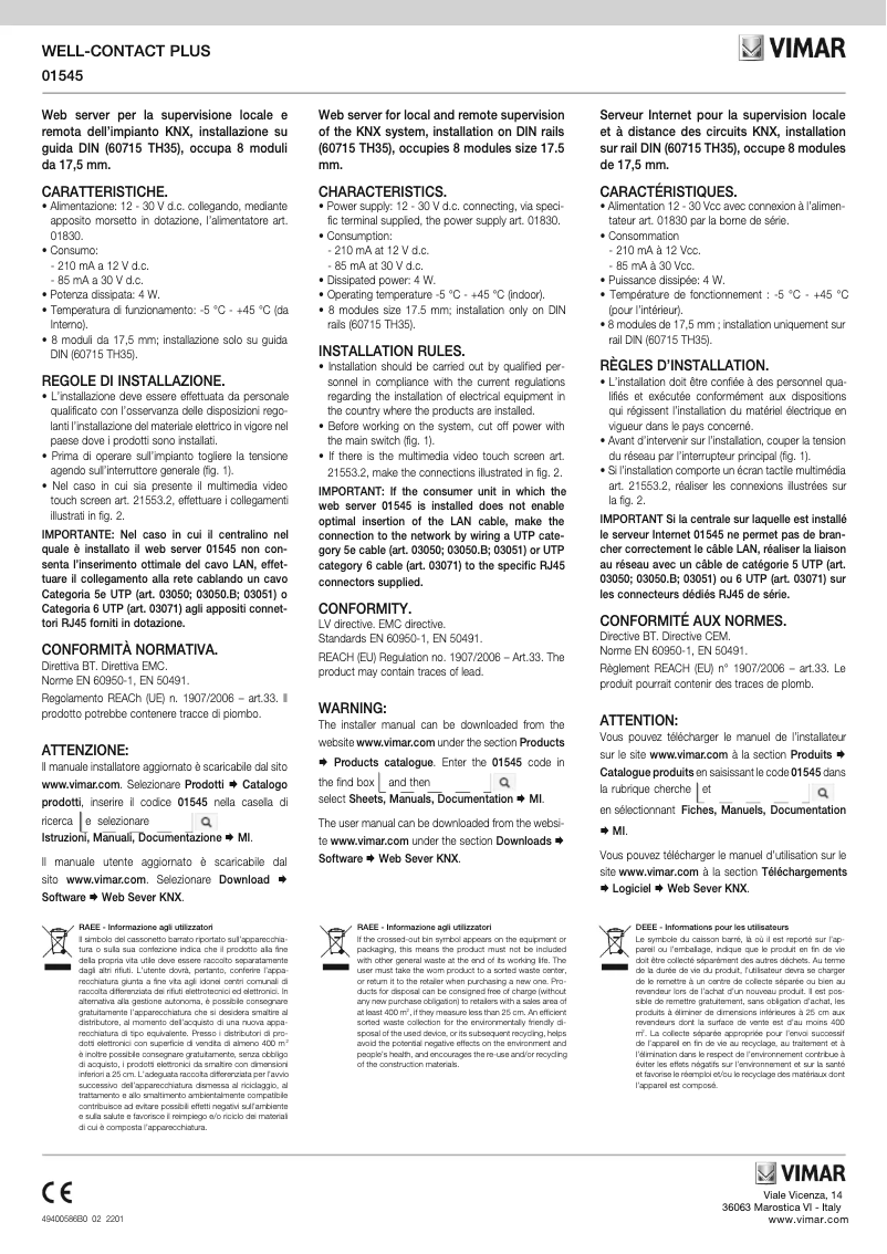 Page n°1 - Instructions / montage Vimar 01545