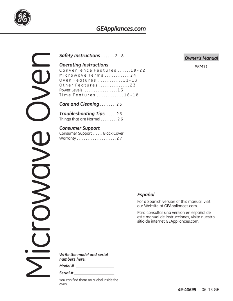 Image de la première page du manuel de l'appareil Profile PEM31DFWW