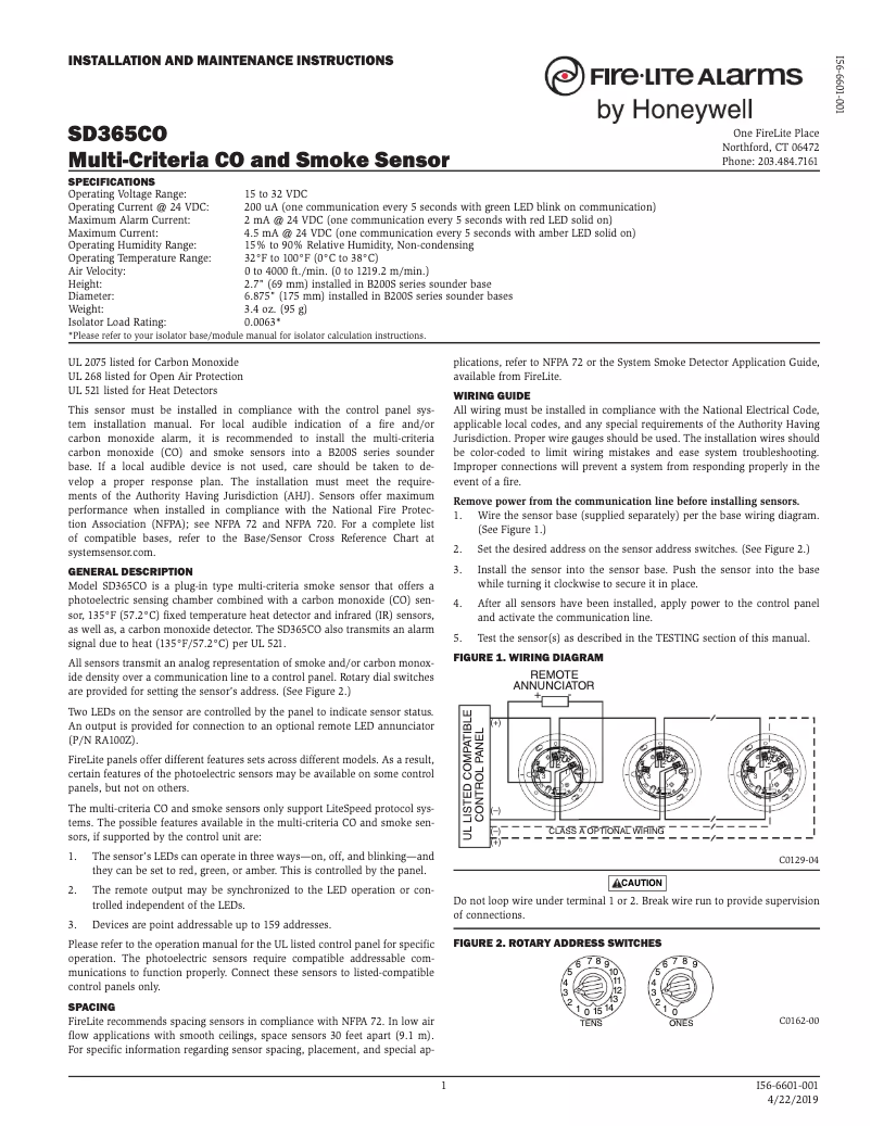 Page 1 de la notice Manuel utilisateur Fire-Lite SD365CO