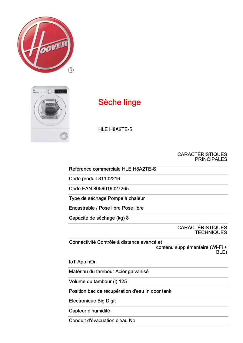 Image de la première page du manuel de l'appareil HLE H8A2TE-S