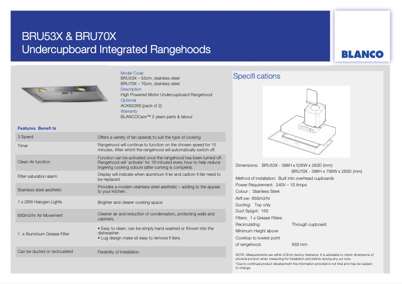 Page 1 de la notice Fiche technique BLANCO BRU70X