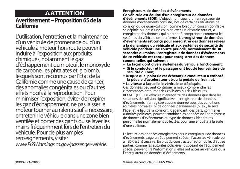 Image de la première page du manuel de l'appareil HR-V (2022)