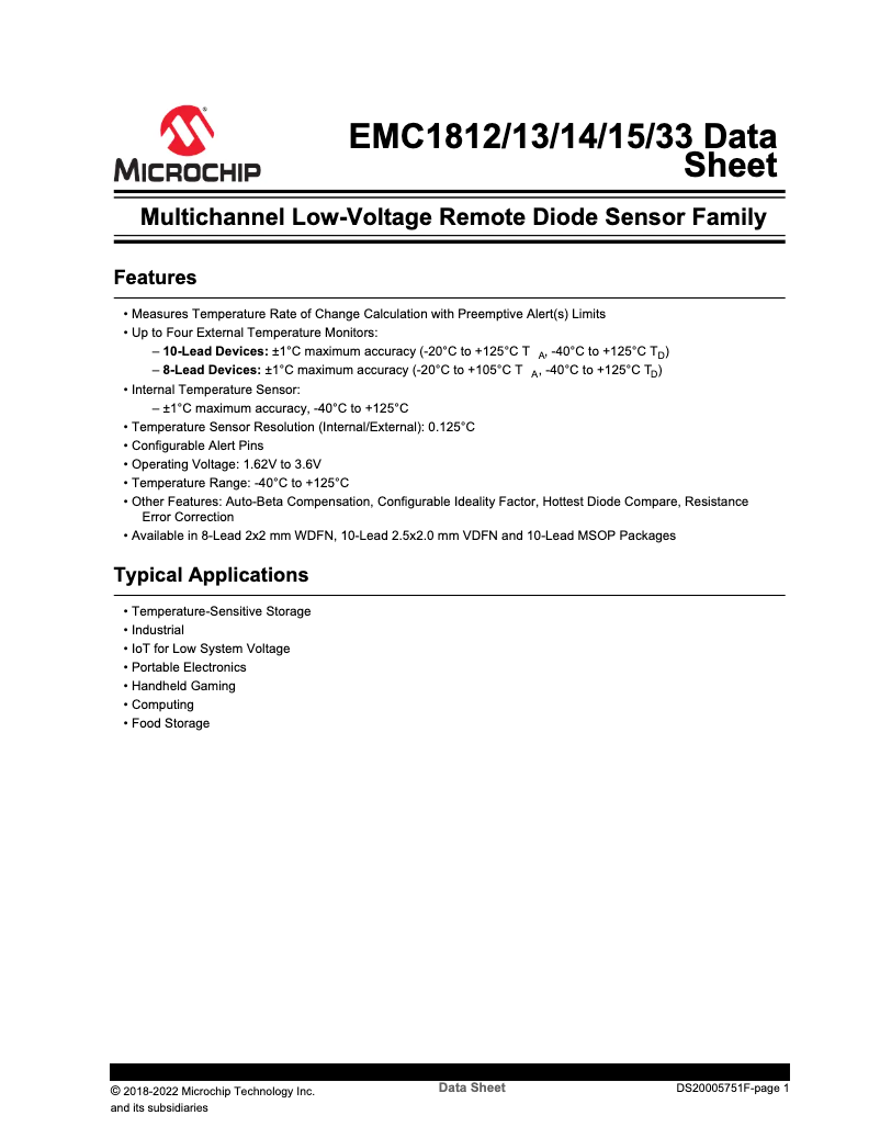 Page 1 de la notice Fiche technique Microchip EMC1833