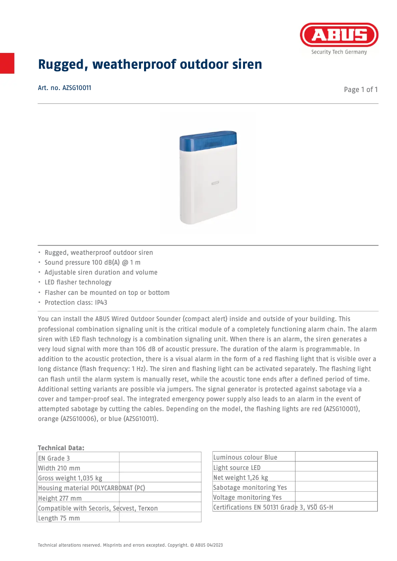 Page 1 de la notice Fiche technique Abus AZSG10011