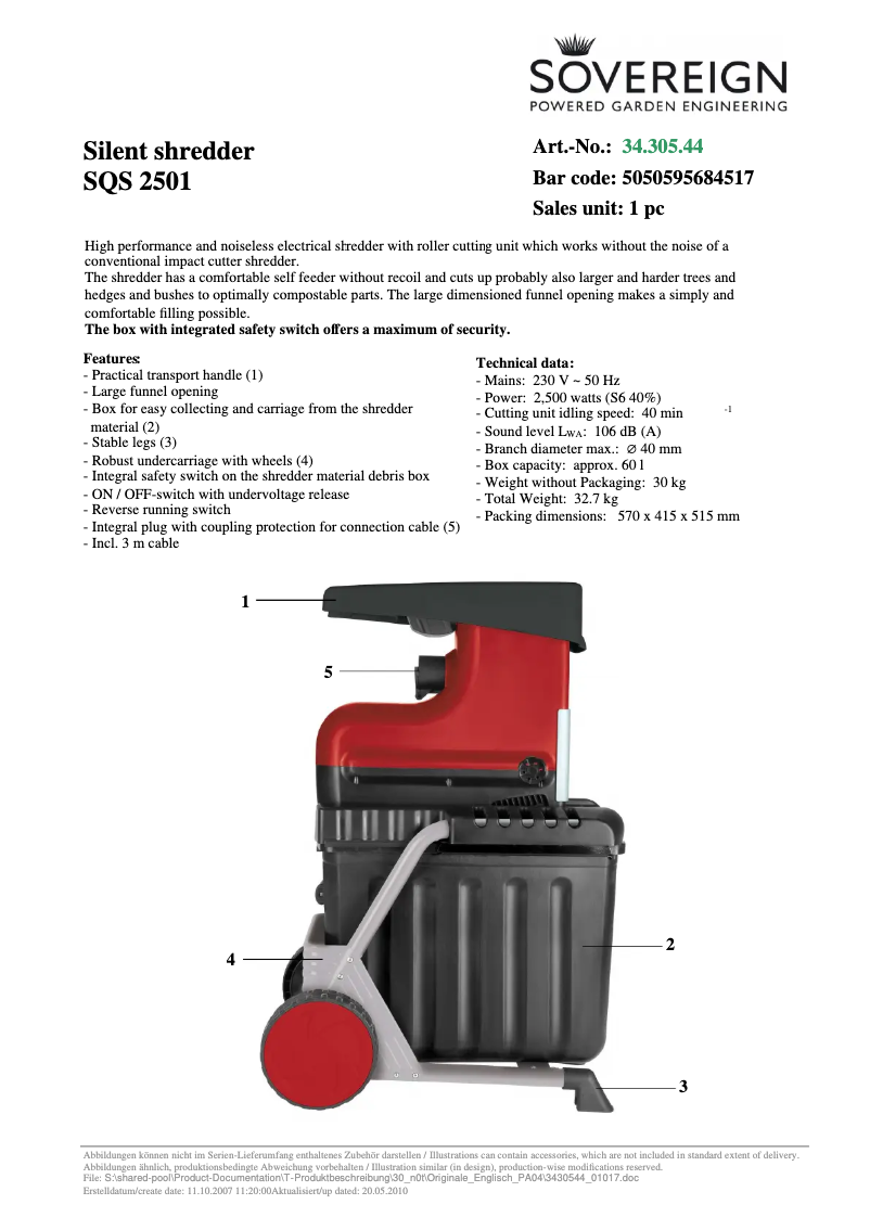 Page 1 de la notice Fiche technique Sovereign SQS 2501